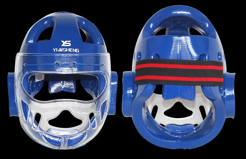 White, blue, and red karate boxing helmet for head protection in sizes S, M, L, XL.