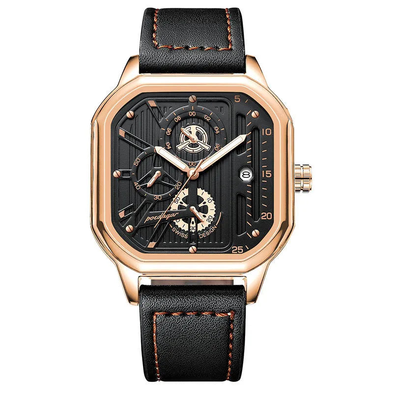 Men's black and gold belt-style sports quartz watch showing 8mm thickness on wrist.