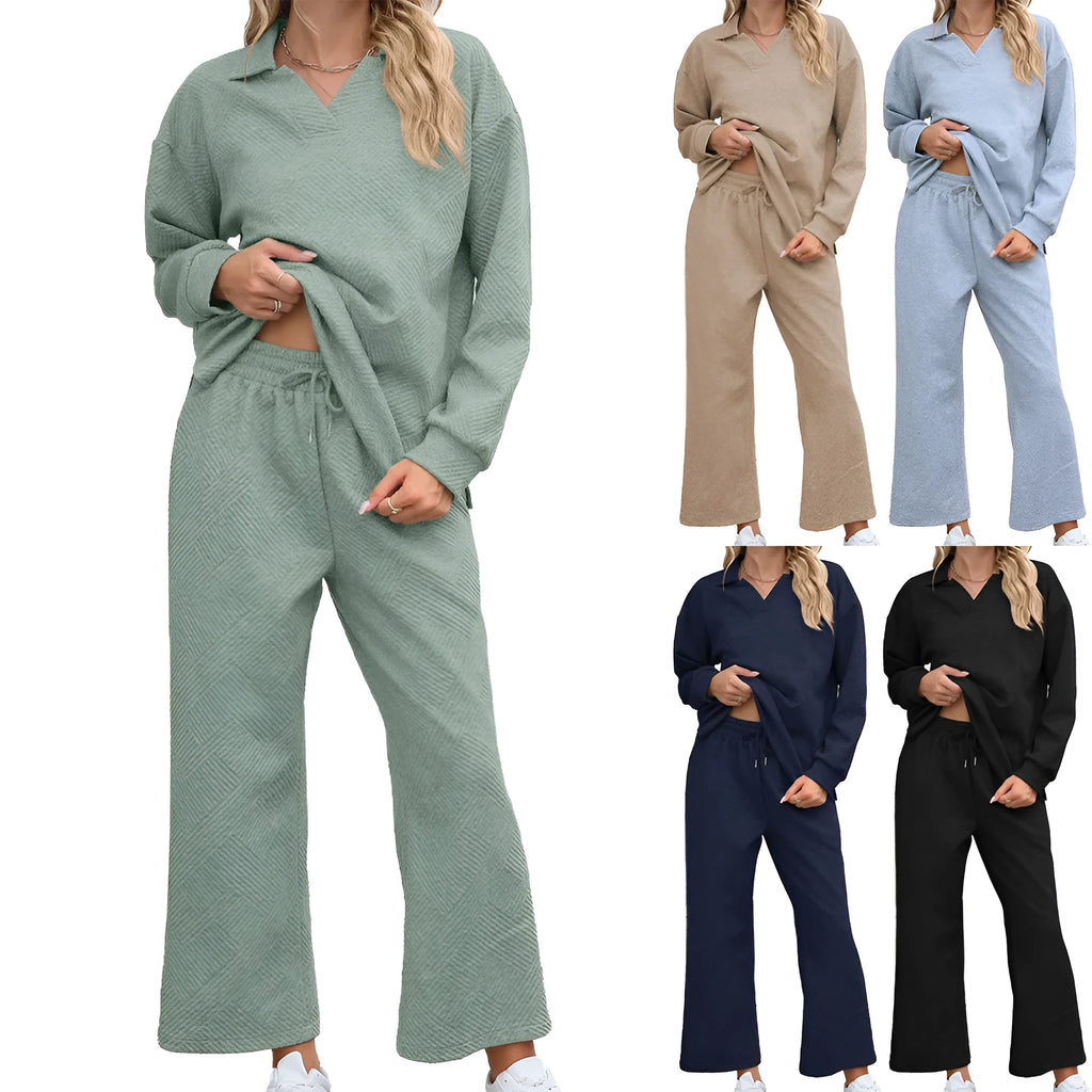 Women's solid colour knitted jacquard suit with long sleeve sweater and matching cropped trousers