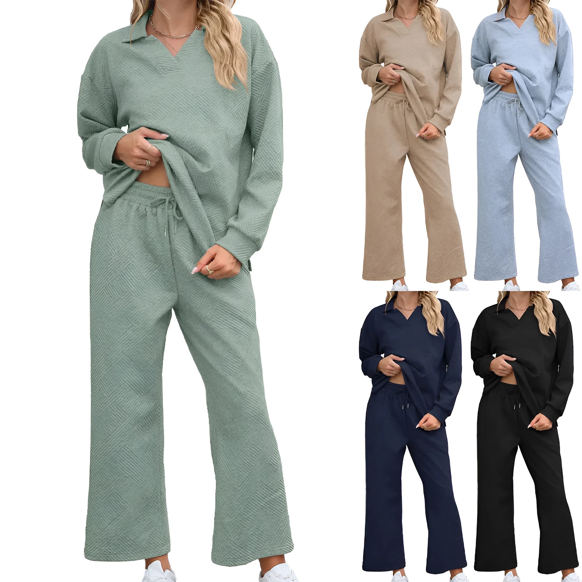 Women's solid colour knitted jacquard suit with long sleeve sweater and matching cropped trousers
