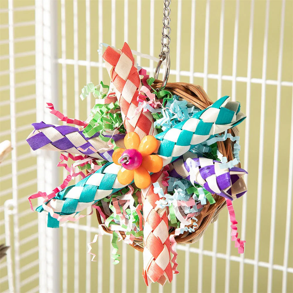 Parrot gnawing molar chew toy set with three wooden pieces of different weights for bird beak care