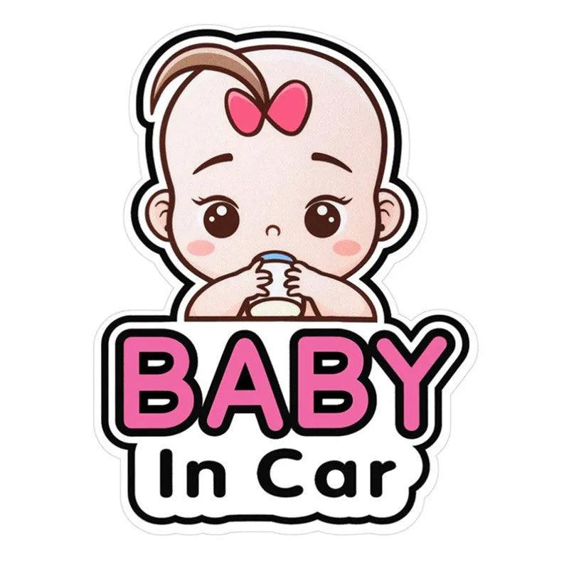 Baby On Board reflective car sticker showing baby character designs with feeding bottle, measuring specific centimetre dimensions