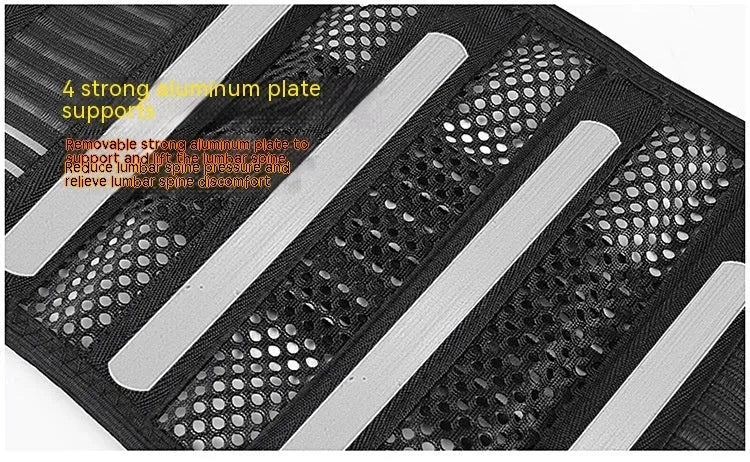 Black decompression sports waist support belt with steel plate insert shown on a model, sizes S to 2XL.