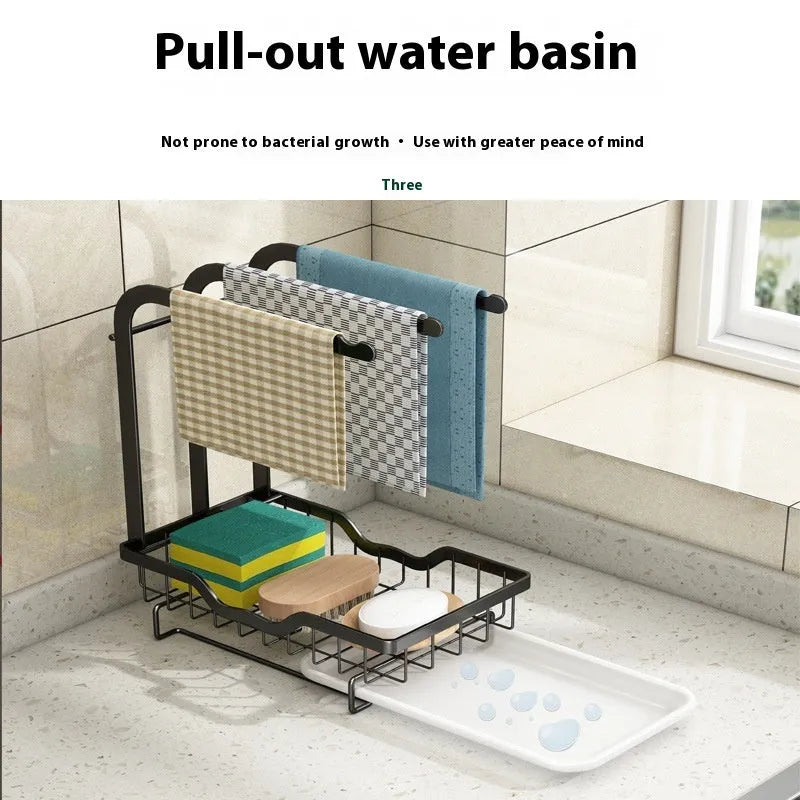 Foldable white plastic kitchen draining rack in New Chinese style, shown both open and collapsed.