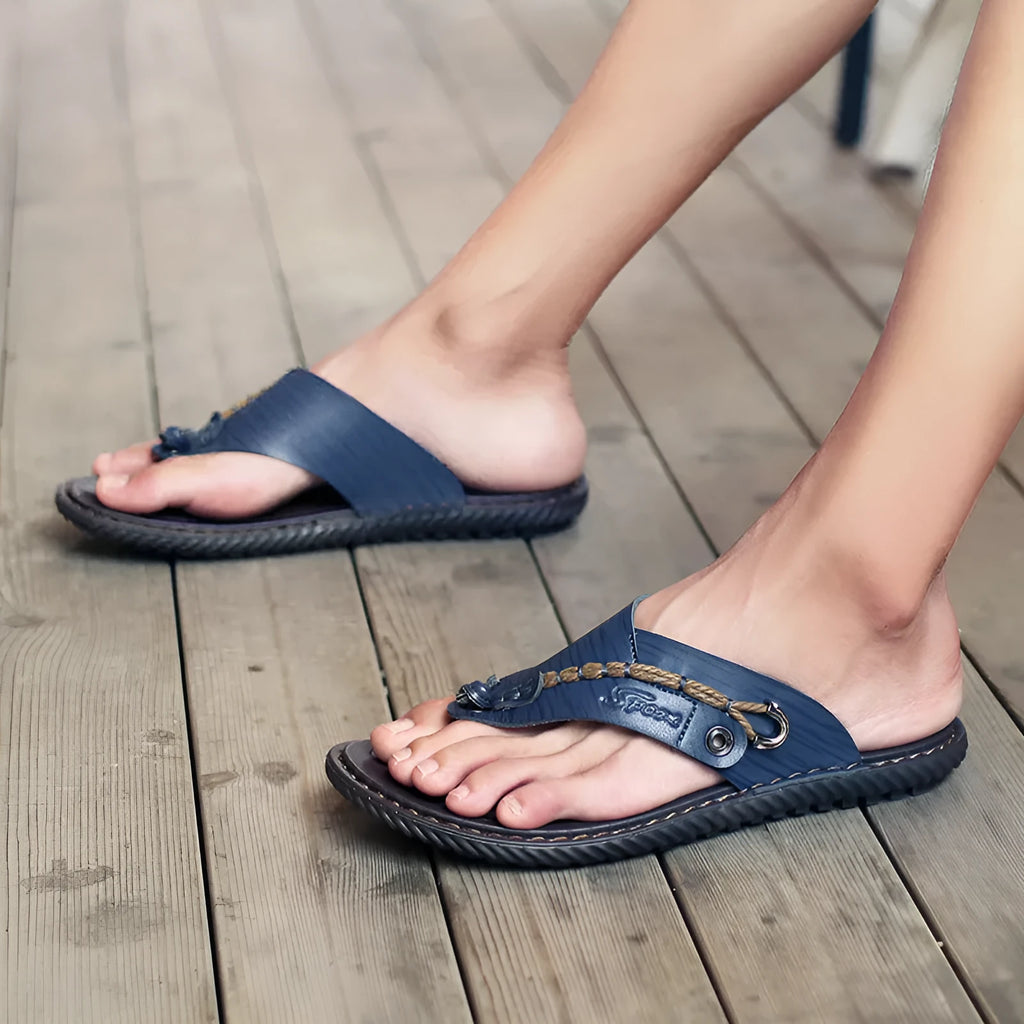 Men's black PU leather non-slip casual slippers shown from the side.
