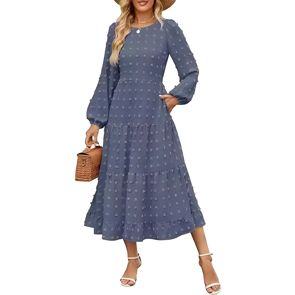 Women's autumn long sleeve dress with high waist and ruffled sleeves in solid colour