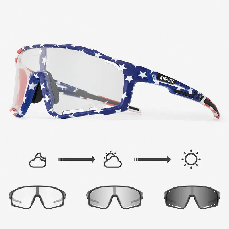 Photochromic cycling sunglasses with a semi-rimless TR90 frame in one of fourteen colour options.