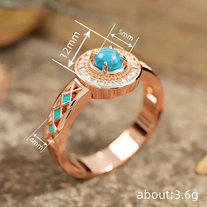 Women's rose gold coloured copper ring with geometric ethnic design and inlaid zircon detailing.