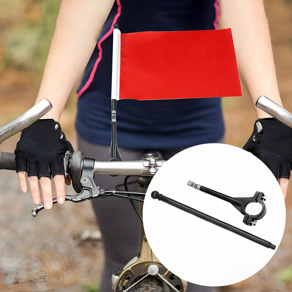 Square polyester flag on a plastic handlebar pole attached to a bicycle.