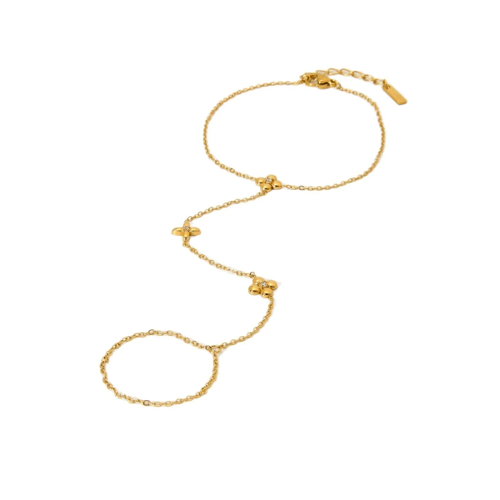 Gold tone women's bracelet with geometric floral and eight-pointed star design in stainless steel