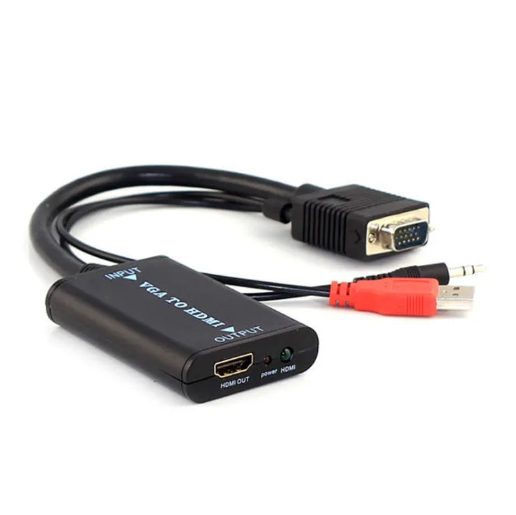 Black VGA to HDMI female converter with attached USB power cable for 1080p video conversion.
