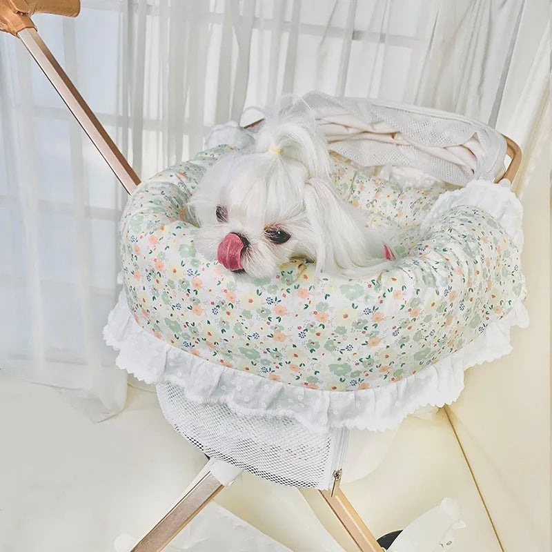 Pet stroller accessory set showing cotton towel, cushion and pillow in blue green apple colour