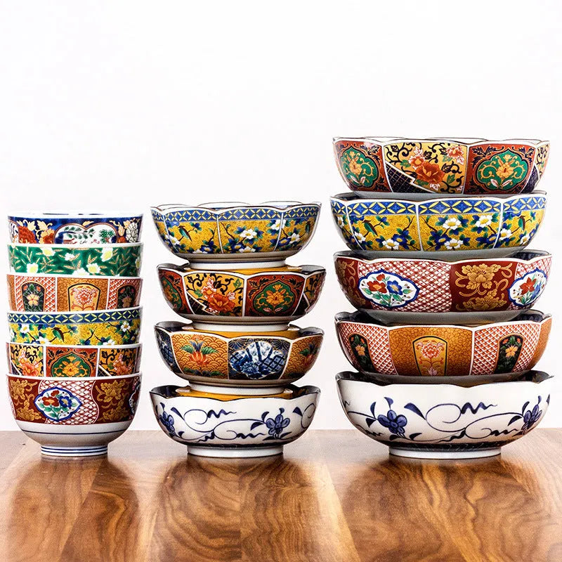 Japanese style ceramic 4-inch bowls with peony and floral patterns in retro gold, yellow and green colours