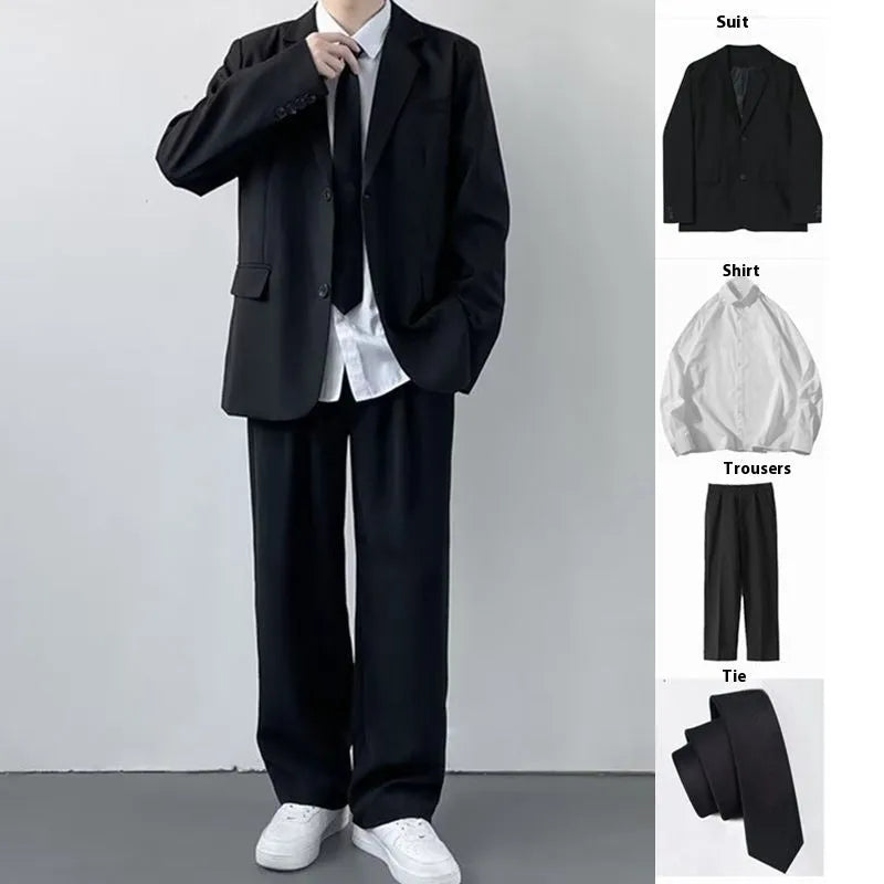 Plus size men's college style suit jacket and trousers with white shirt and tie