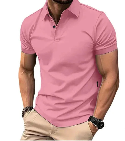 Men's solid colour slim fit short sleeve casual shirt with button front in cotton polyester blend fabric