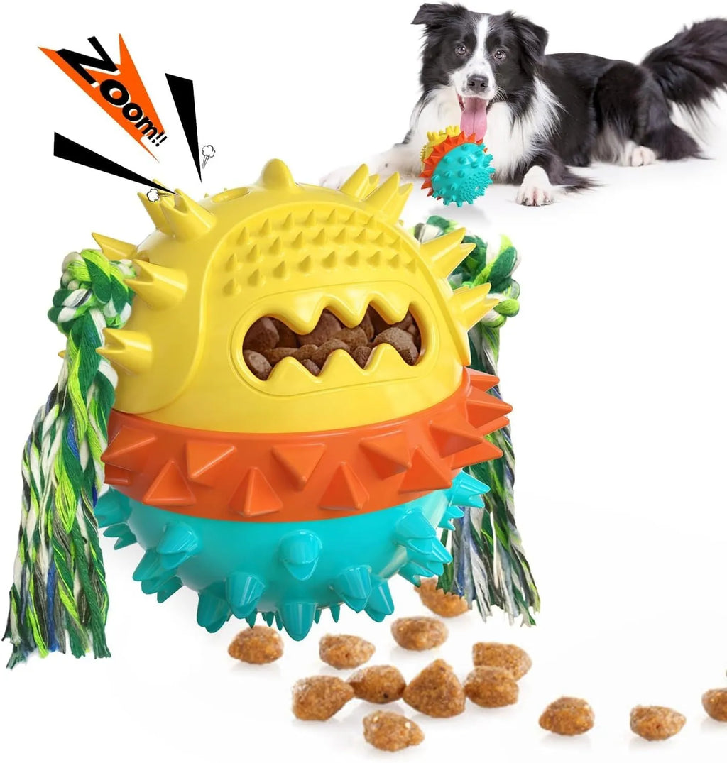 Blue and red tough TPR rubber dog chew toy with squeaker and treat dispenser hole.
