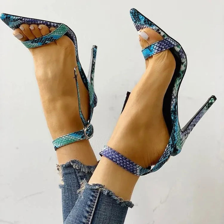 Blue women's stiletto heels with hollow out design and buckle closure in large sizes 34-43
