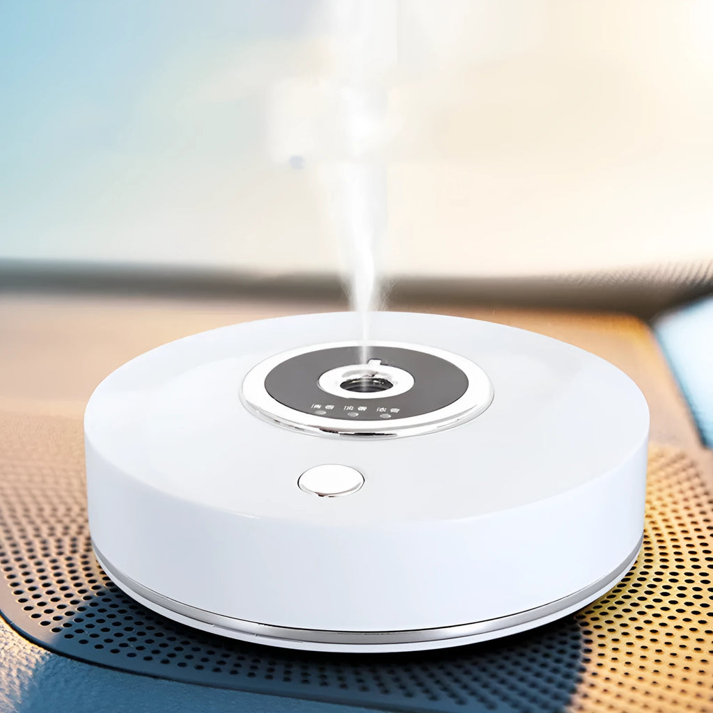 USB car aromatherapy machine in black, grey or white with anti-slip pad for dashboard mounting