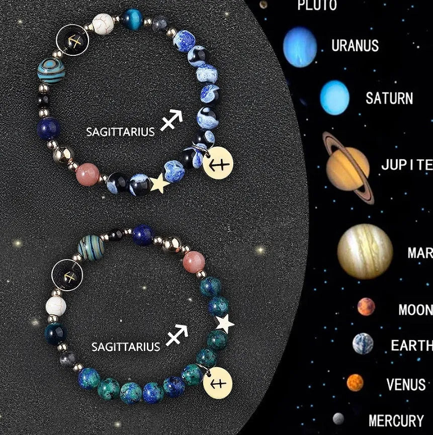Natural stone zodiac bracelet set with elastic cord showing two bracelets and numbered style options