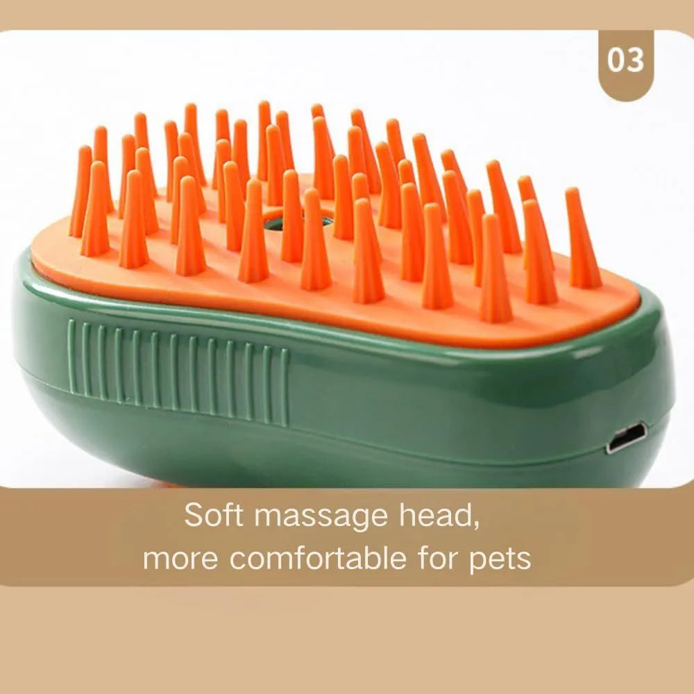 Green and white rechargeable cat steam brush with soft silicone teeth on a wooden table