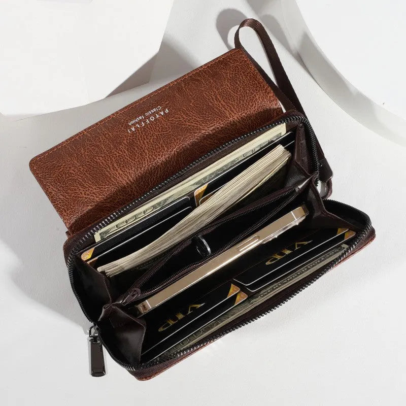 Men's black PU leather wallet with multiple card slots showing interior organisation
