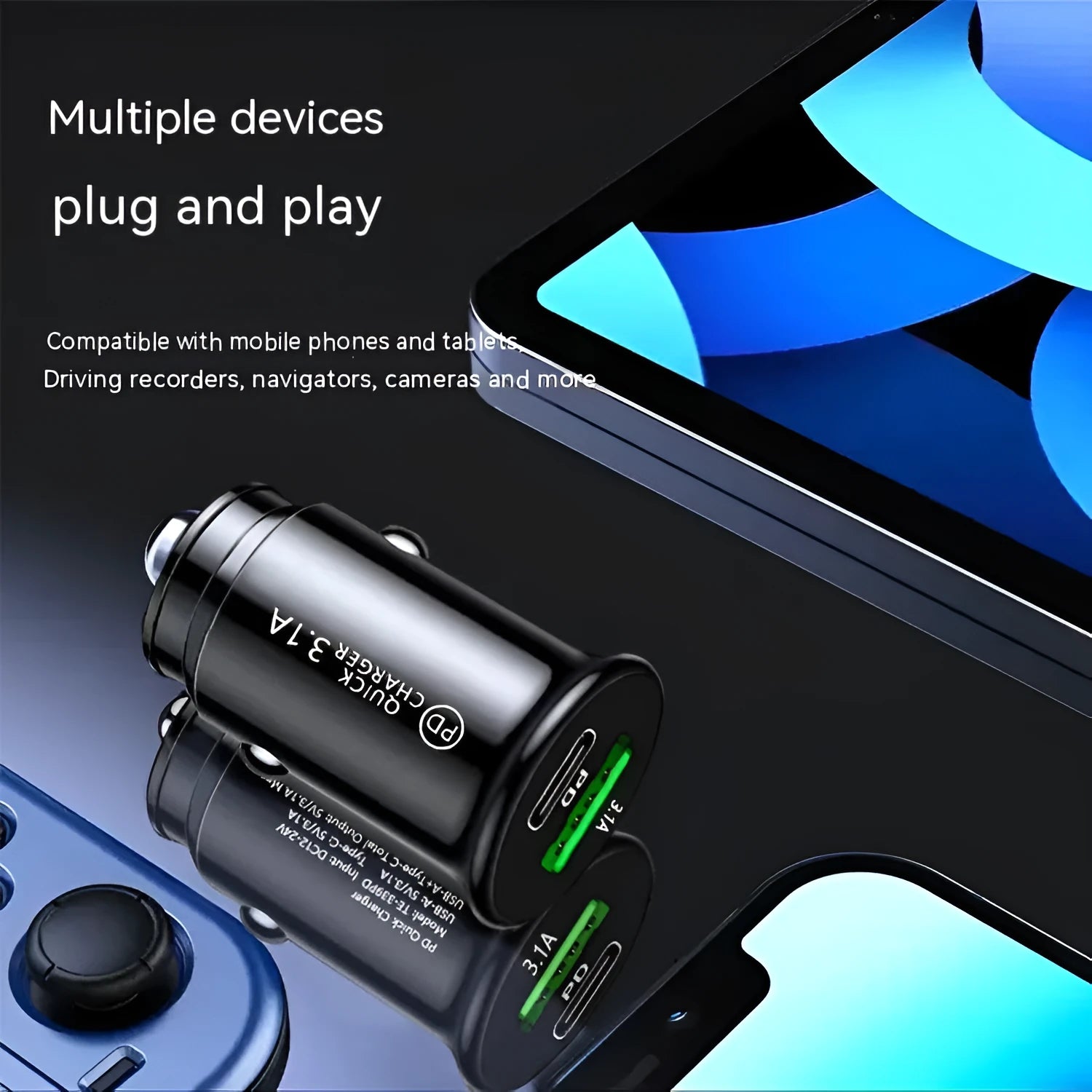 Black and white dual-port USB car charger for vehicle cigarette lighter sockets