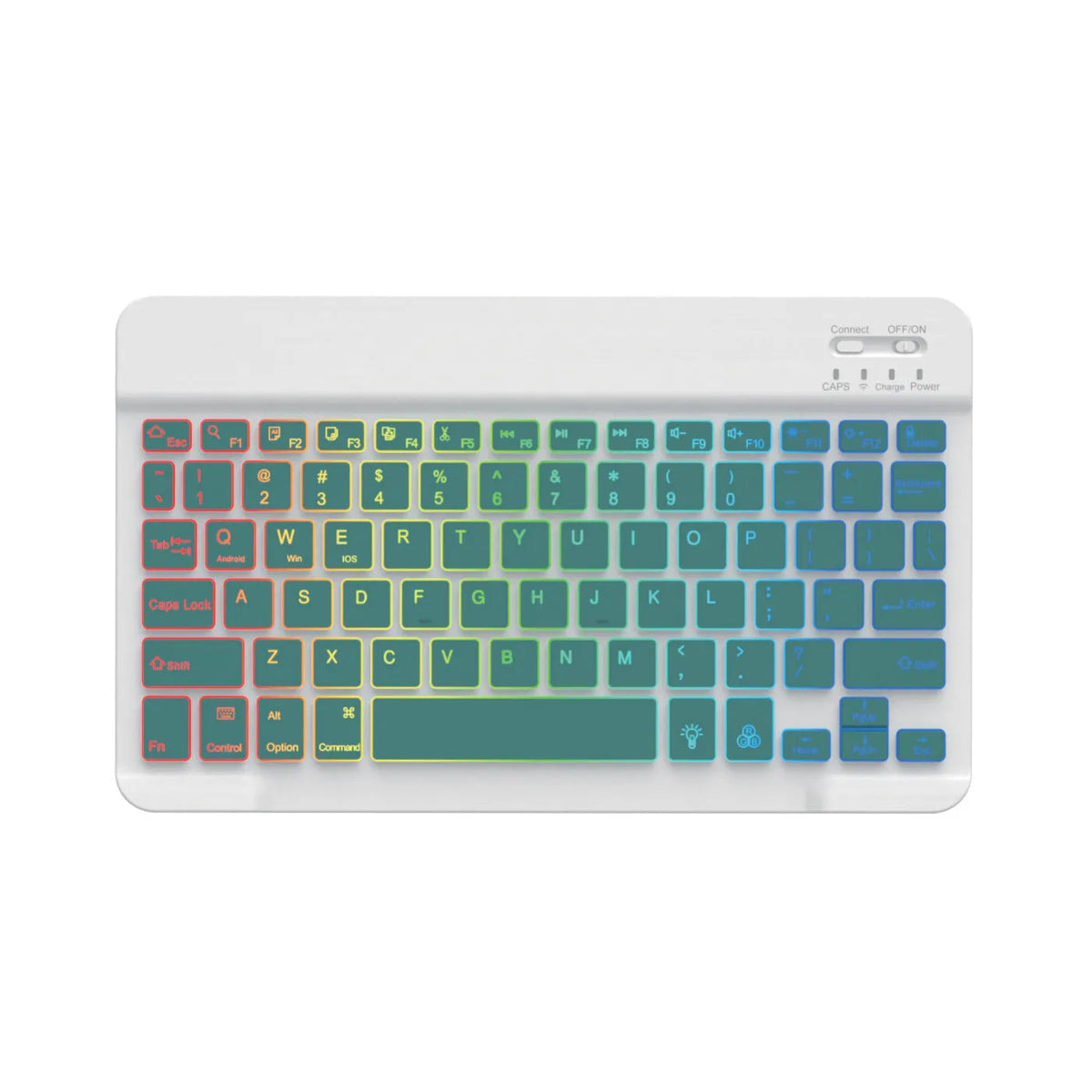 10-inch backlit Bluetooth wireless keyboard for tablets showing colourful LED lighting.