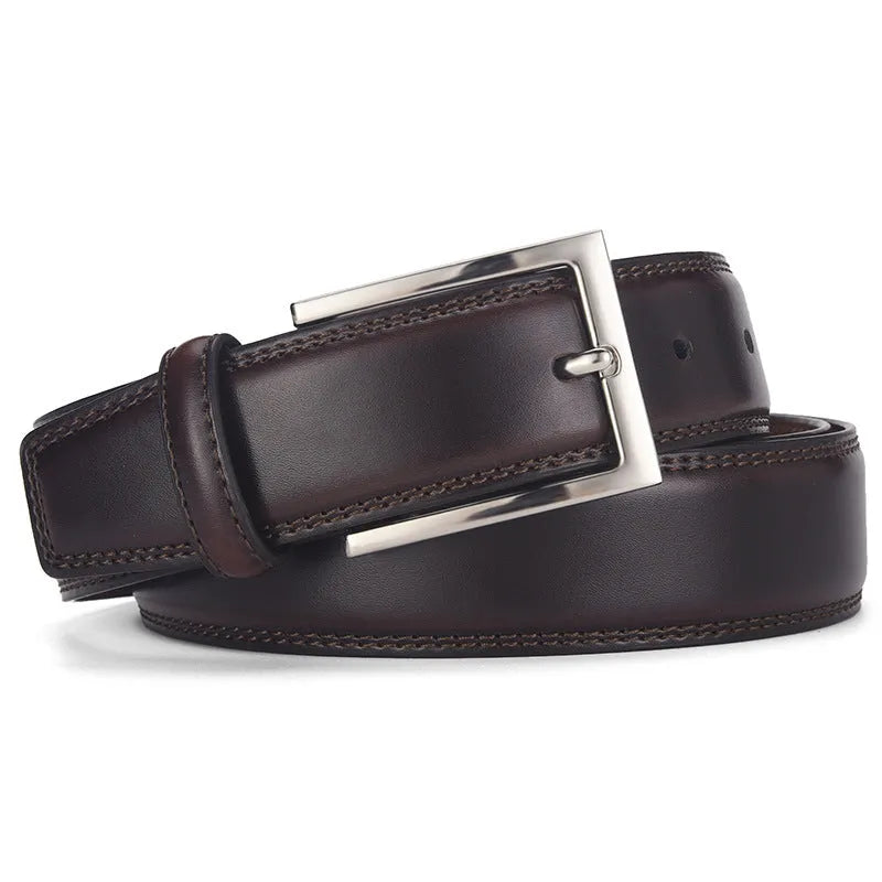 Men's black leather belt with a silver alloy pin buckle, showing the patent leather finish.