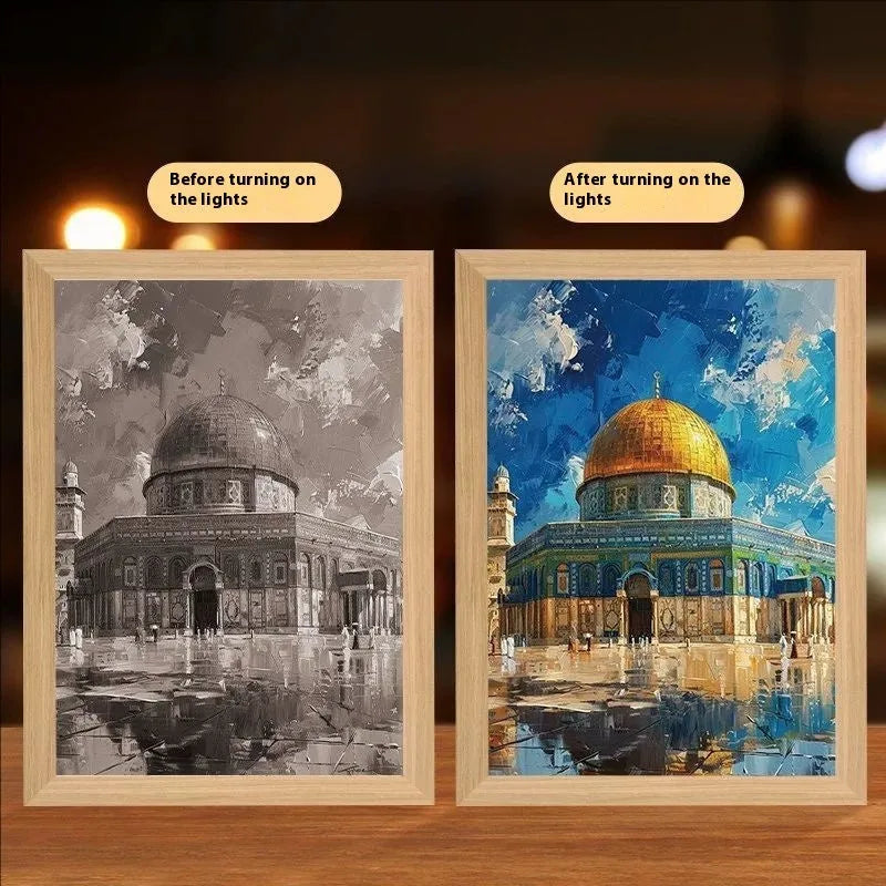 Modern rectangular LED photo frame with customisable inner designs and plug-in power cable