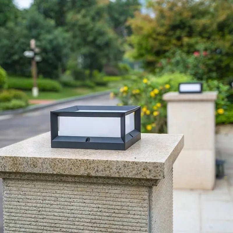 Aluminium outdoor solar LED column light showing two size options for wall or door mounting.
