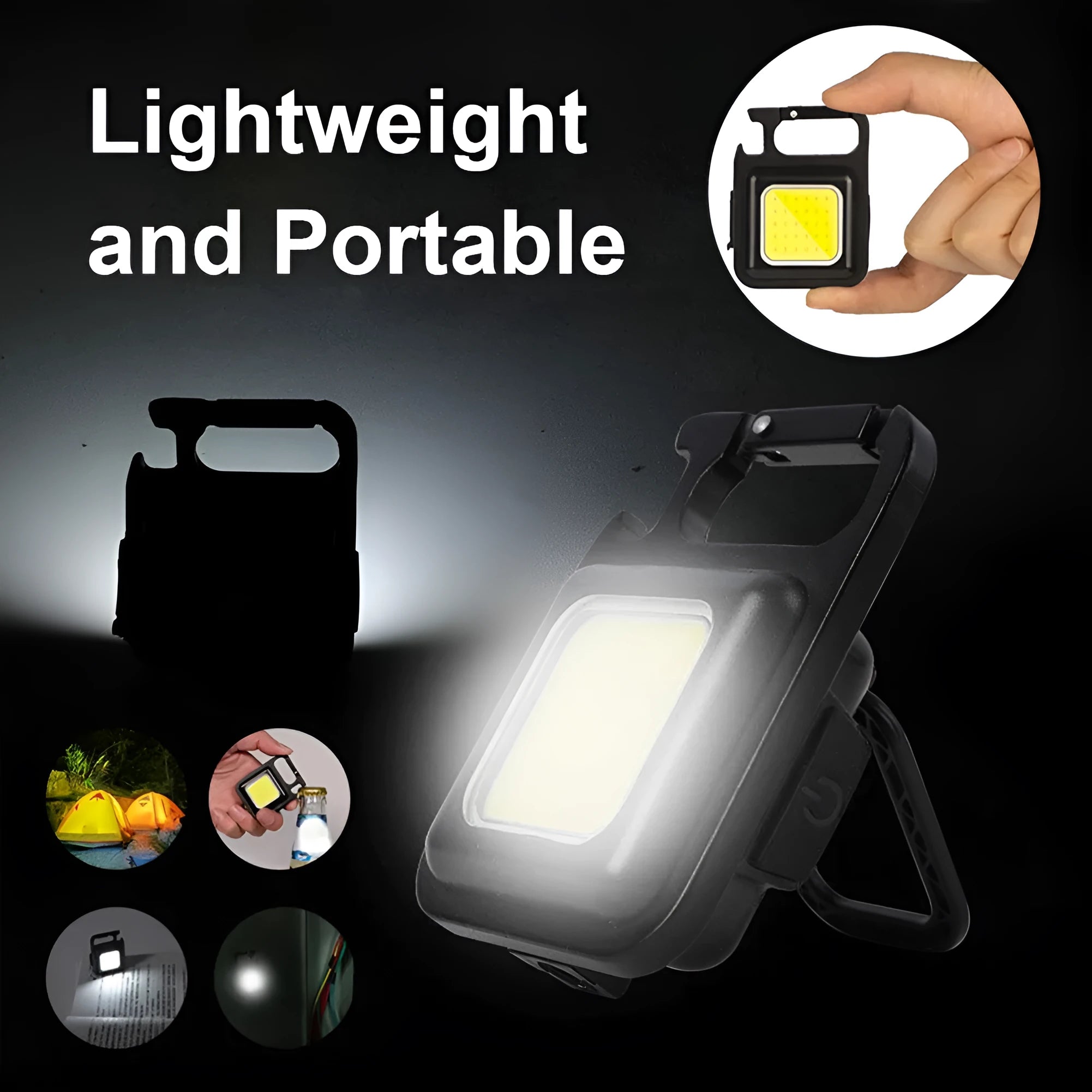 Black aluminium alloy USB rechargeable keychain light with LED, magnet, and folding handle
