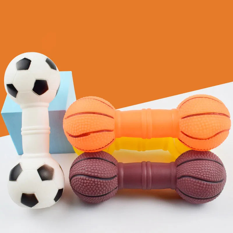 Non-toxic PVC squeaky dog toy shaped like a colourful football dumbbell.