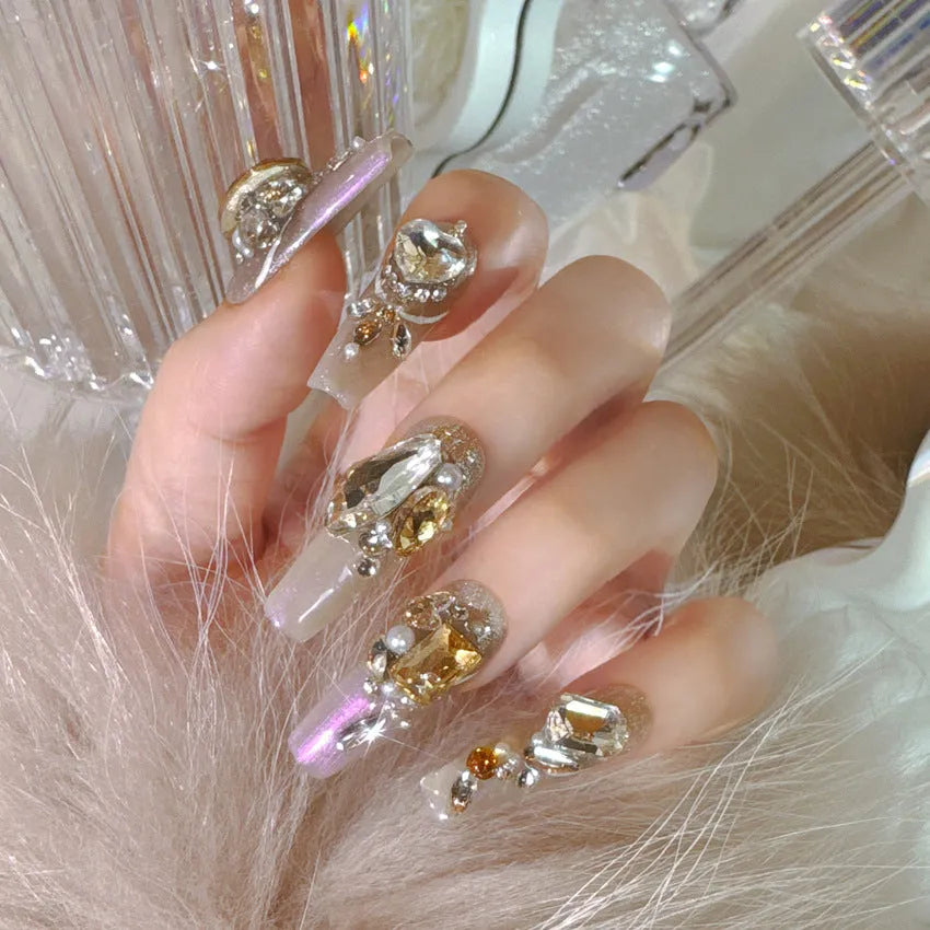 Flash style false nail patches with luxury rhinestones on 10-piece card, with jelly adhesive or tool set options