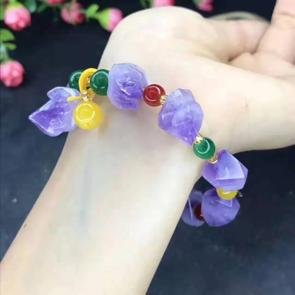 Natural amethyst bracelet with fu character engraving on purple gemstone beads
