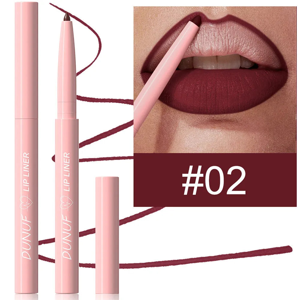 A Velvet Matte Lip Liner pencil shown alongside swatches of its twelve available colour shades.