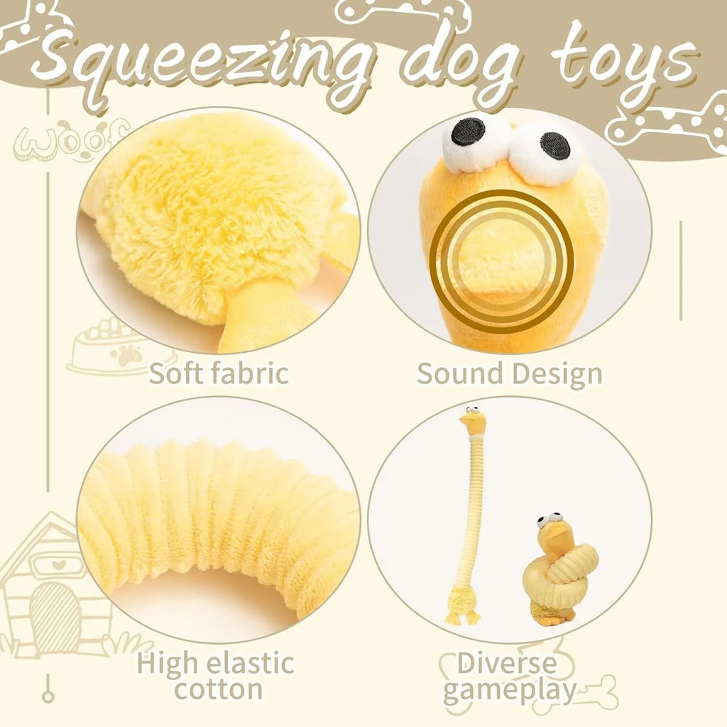 Plush squeaky dog toy with crinkle sounds in brown, grey or yellow colours for interactive pet play