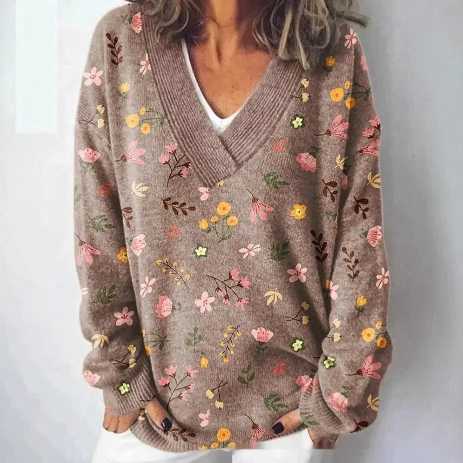 Women's V-neck floral print sweatshirt with 3D pattern and long sleeves