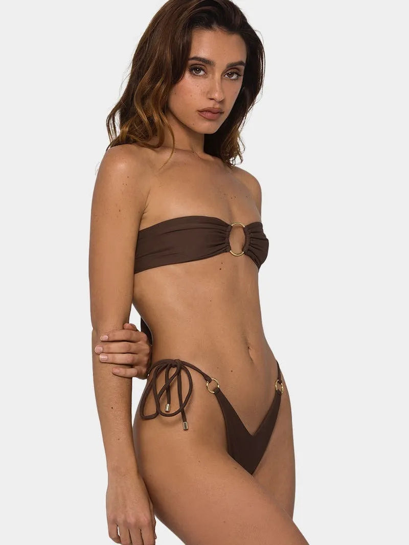 Brown tube-top push-up bikini swimsuit with ring tether detailing for women