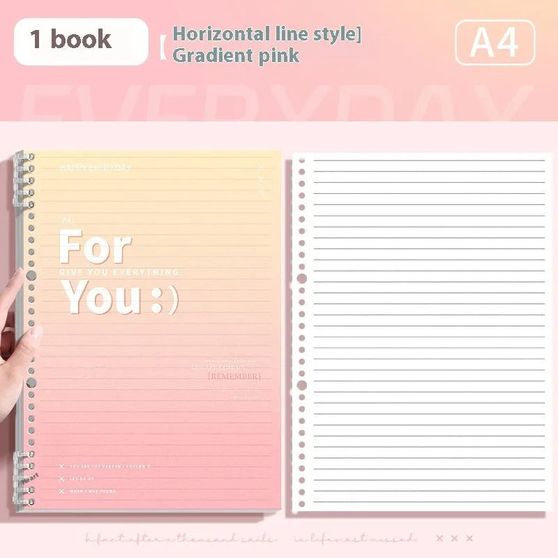 A4 and B5 removable coil notebooks with gradient coloured PP covers in green, blue, pink, and purple.