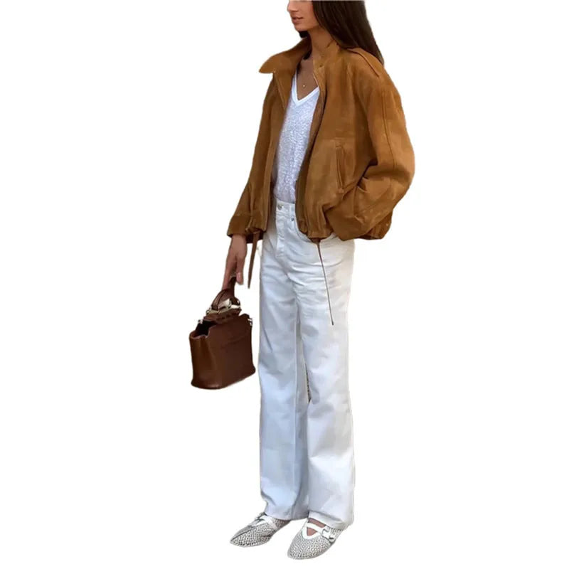European and American retro loose-fit solid colour polyester jacket with long sleeves