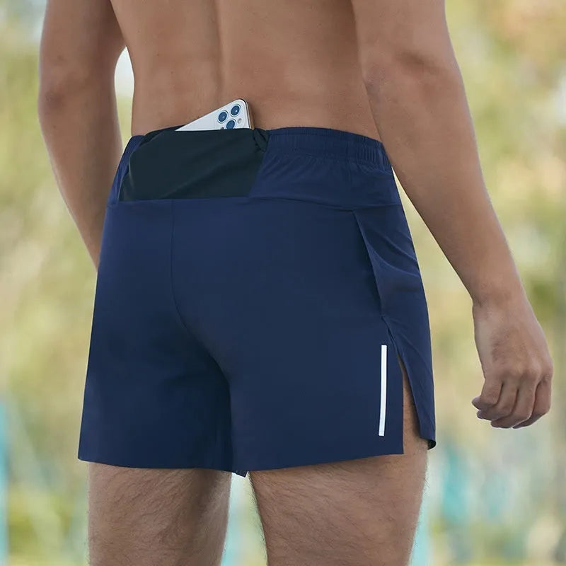 Men's loose fit off-road running shorts in red, shown with high waist and quick-dry fabric for marathon running.