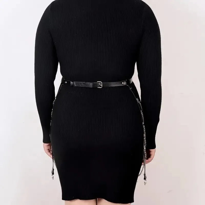 Black PU leather waist chain with bandage binding design and metallic ornament detail
