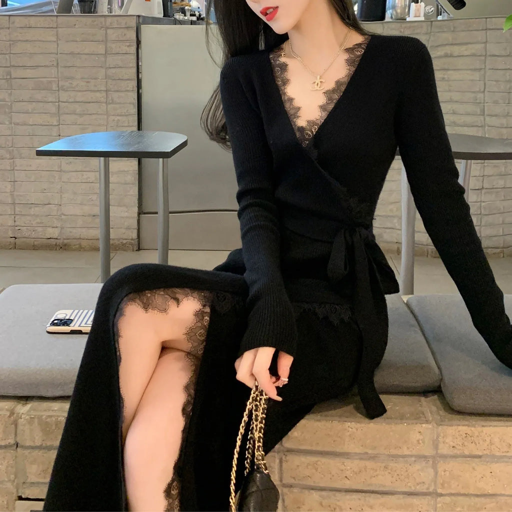 Women's solid black slim fit wool skirt with princess dress styling and free size fitting