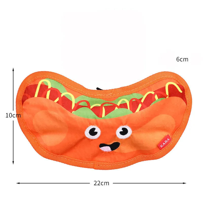 Food shaped dog chew toys with crinkle and squeak sounds including hamburger, pizza, hot dog and fries designs