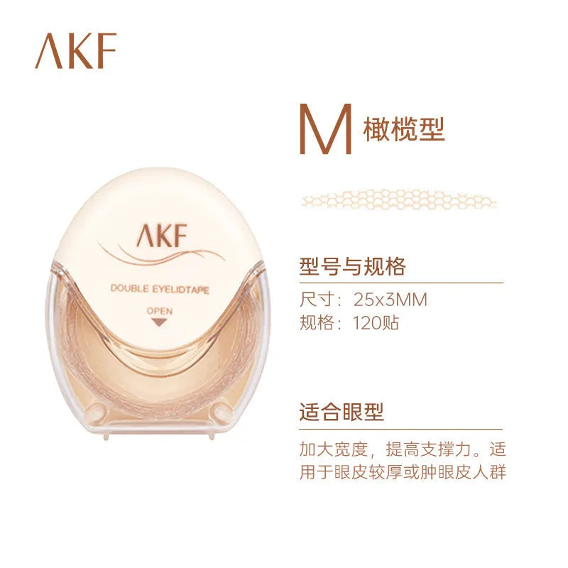 Roll of 120 clear lace double eyelid stickers in crescent and olive M shapes on skin.
