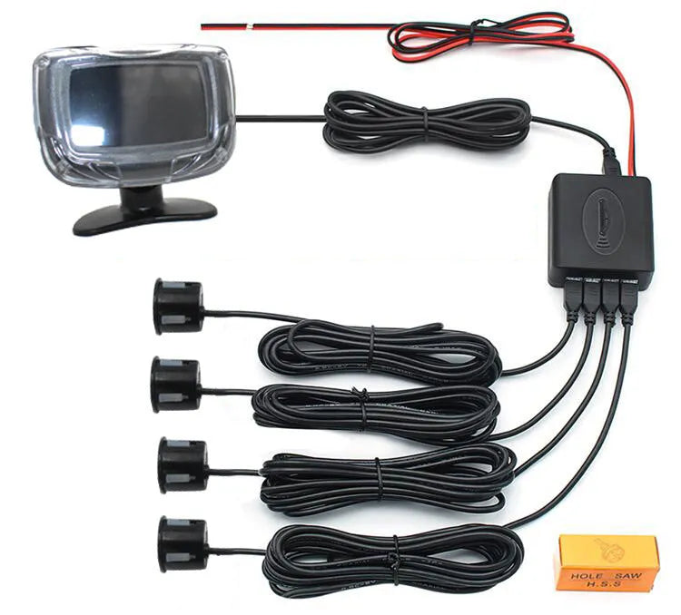 Wireless vehicle reversing sensor kit with digital display, four probes, and installation tools