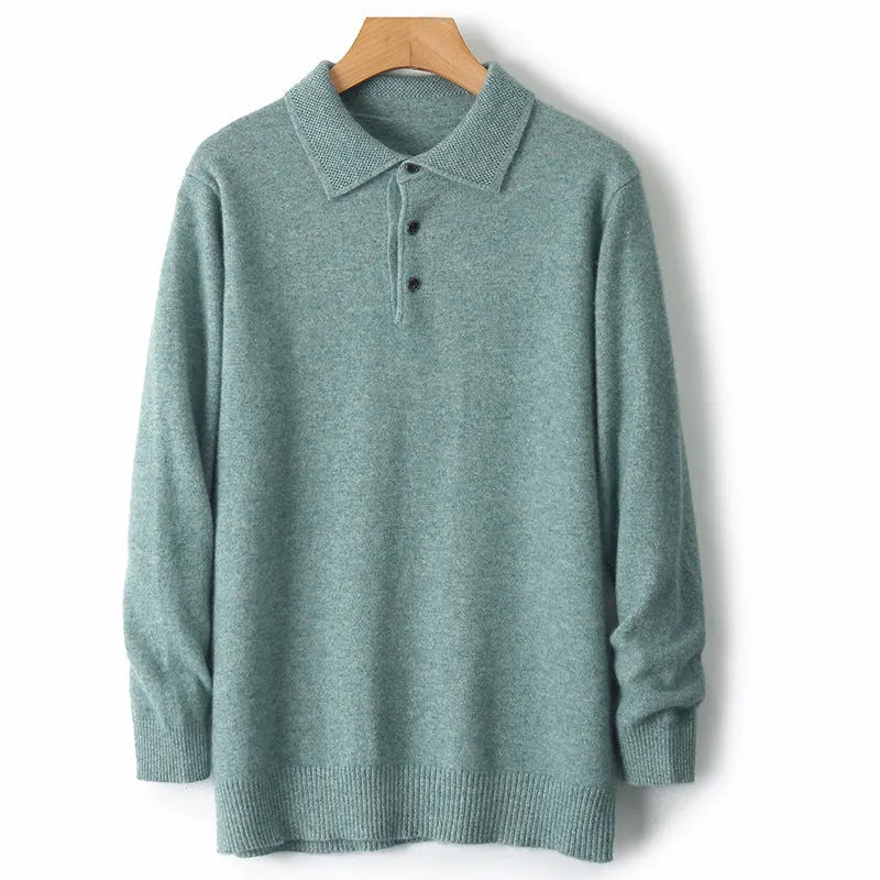 Men's wool sweater with polo collar in collegiate stitch design showing colour options