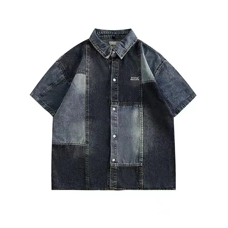 Blue Japanese-style retro denim shirt for men with washed stitching and loose cardigan fit
