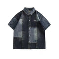 Blue Japanese-style retro denim shirt for men with washed stitching and loose cardigan fit