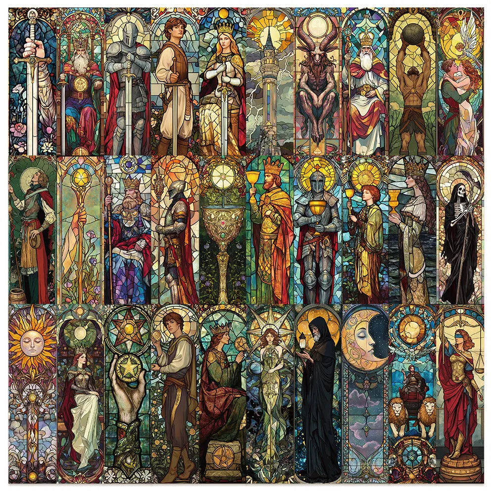 Pack of 30 colourful painted glass tarot bookmarks with cute illustrations on paper.